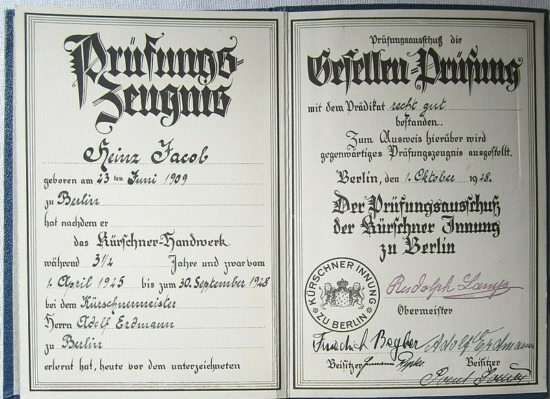 File:Heinz Jacob, Lehrbrief der Kürschner-Innung zu Berlin, 1928 (1).jpg