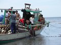 Het binnenhalen van een visnet vanaf een vissersboot voor de kust van Ternate, KITLV 160349.tiff