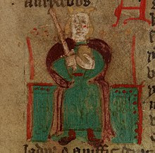 Uther Pendragon in a crude illustration from a 15th-century Welsh version of Historia Regum Britanniae History of the Kings (f.72) Uthr Bendragon.jpg