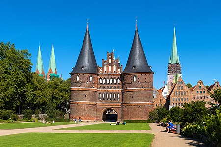 Holstentor in Lübeck, Germany. View from Holstentorplatz.