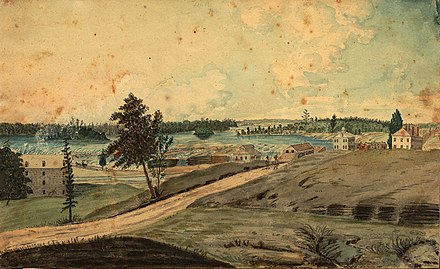 Hull (Lower Canada) on the Ottawa River; at the Chaudier [sic] Falls, 1830, by Thomas Burrowes. Chaudière Falls and Bytown are visible in the background.