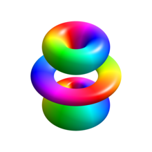 3D illustration of the eigenstate
ps
4
,
3
,
1
{\displaystyle \psi _{4,3,1}}
. Electrons in this state are 45% likely to be found within the solid body shown. Hydrogen eigenstate n4 l3 m1.png