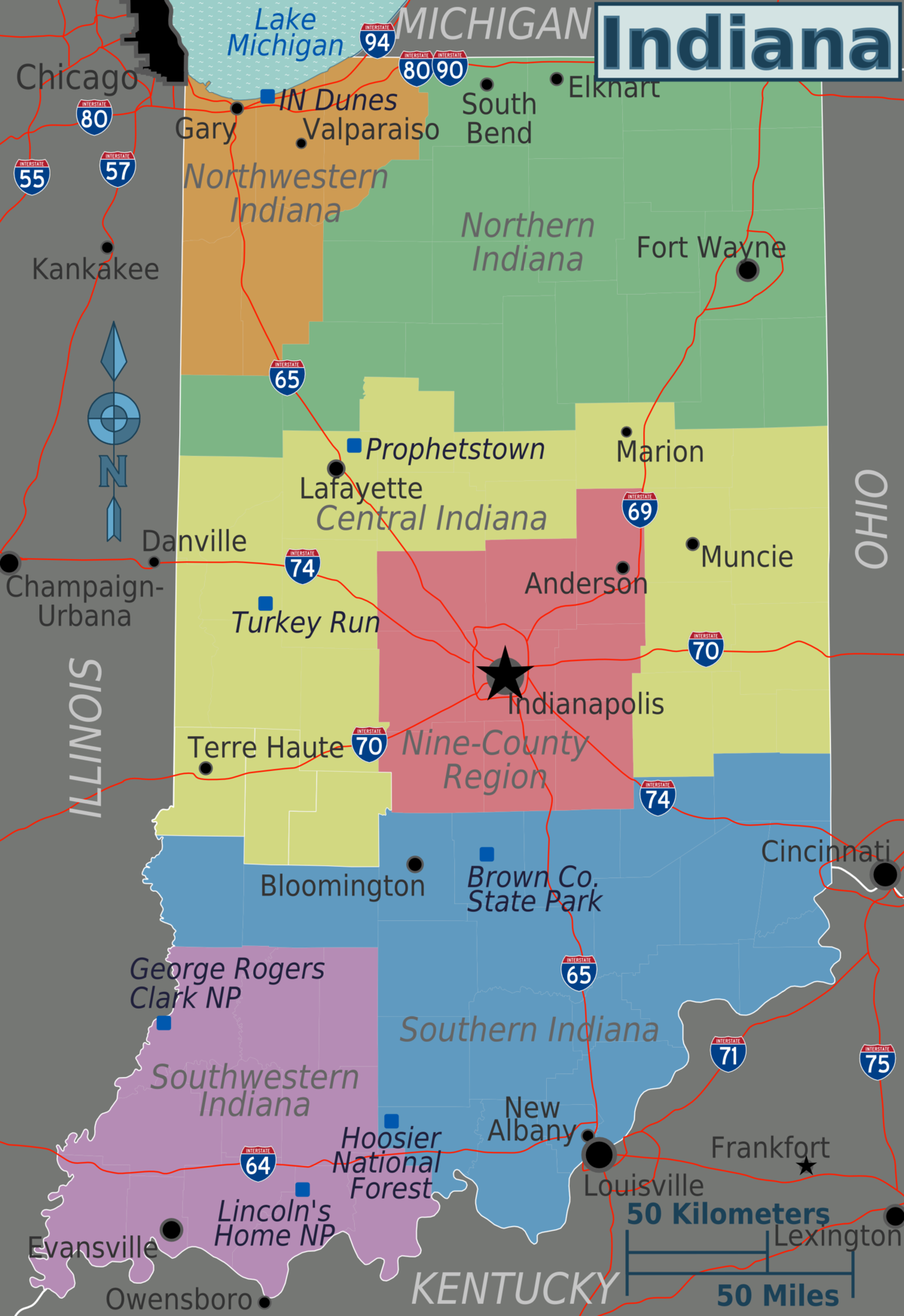 indiana state map with cities and towns