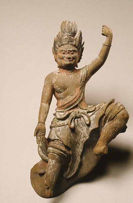 A 14th century Tendai figure of Kongodoji Myoo, one of several "wisdom kings", fierce manifestations, in this case of the Buddha Amitabha.