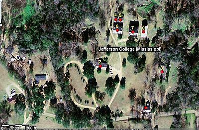 Location of historic buildings at Jefferson College: 1=President's House, 2=Prospere Hall, 3=Carpenter Hall, 4=Steward's Building, 5=East Kitchen, 6=West Wing, 7=East Wing, 8=Raymond Hall Jefferson College (Mississippi) aerial view.jpg