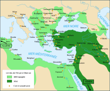 Carte de la Méditerranée orientale avec en vert l'Empire ottoman