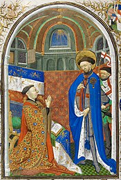 Jean de Lancastre priant devant saint Georges. Enluminure du Maître de Bedford, Heures de Bedford, vers 1423.
