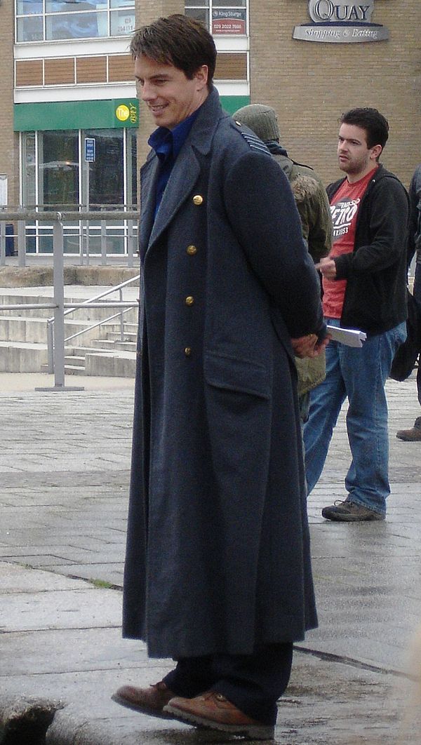 John Barrowman in Captain Jack's distinctive World War Two greatcoat during Torchwood filming.