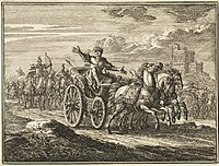 Jehu shoots an arrow that strikes Jehoram in the back. Illustration by Jan Luyken (1712). Joram op zijn wagen wordt door Jehu doorschoten, RP-P-OB-45.903.jpg