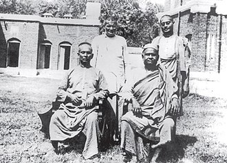 Direct Disciples of Sri Ramakrishna in Kankhal Sevashrama. Swami Brahmananda and Swami Turiyananda (both sitting), Swami Shivananda (standing) Kankhal Sevashrama direct disciples.jpg