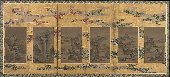 Paysages, fleurs et arbres des quatre saisons. Kanō Motonobu, début XVIe siècle. Paravent à six panneaux. Encre, couleur et or sur papier, 175,2 x 375,8 cm.