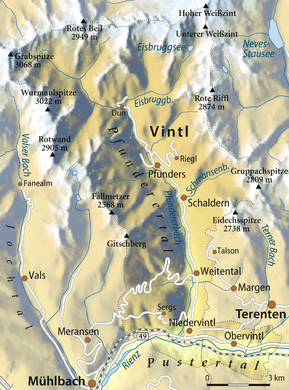 Karte mit Pfunderer Tal (Vintl) - mountains Wurmaulspitze and Gitschberg, village Meransen in map