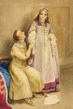 "Falešný Dmitrij I a princezna Xenia Godunova" (detail) (Claudius Lebedev, 19. století)