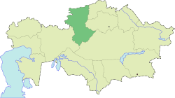 Мапа на Казахстан, локацијата на покраината Костанај е обележана со зелена боја