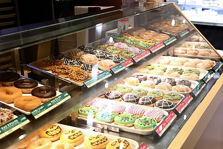 An assortment of doughnuts on display in a shop in Tachikawa, Tokyo