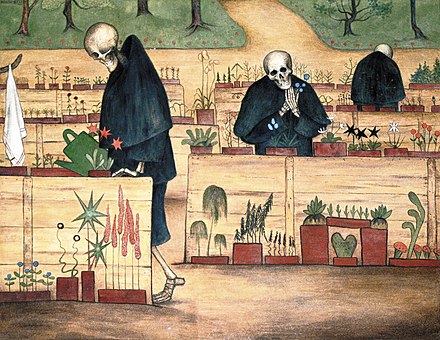 The dead tending to flowers, in "The Garden of Death," Hugo Simberg (1906)