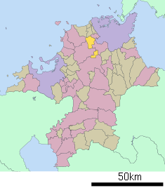 Kaart van Fukuoka met het district Kurate gemarkeerd
