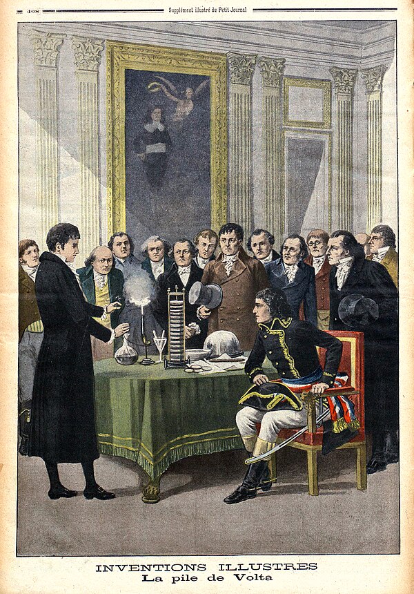 Italian physicist Alessandro Volta demonstrating his pile to French emperor Napoleon Bonaparte