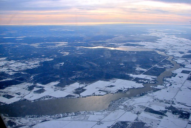 Aerial view of Winnipeg River between Lac du Bonnet and Pinawa