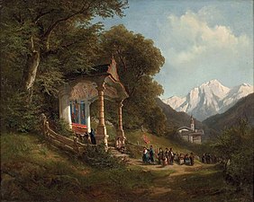 Leopold Munsch: Prozessionszug bei der Waldkapelle in der Ramsau bei Berchtesgaden (Kirche im Hintergrund; vor/um 1888)