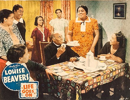 Lobby card for the Million Dollar Productions film Life Goes On with "Harry M. Popkin Presents Louise Beavers" logo inset
