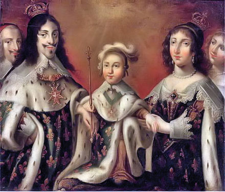 Louis XIII, Anne, and their son Louis XIV, flanked by Cardinal Richelieu and the Duchesse de Chevreuse.