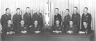 The fourteen remaining MOL astronauts in 1968. Back row, left to right: Robert T. Herres, Henry W. Hartsfield, Jr., Robert F. Overmyer, C. Gordon Fullerton, Robert L. Crippen, Donald H. Peterson, Karol J. Bobko and James A. Abrahamson. Front row, left top right: Lachlan Macleay, Richard E. Lawyer, James M. Taylor, Albert H. Crews, Francis G. Neubeck and Richard H. Truly. Absent: Michael J. Adams, John L. Finley and Robert H. Lawrence MOL astronauts.jpg