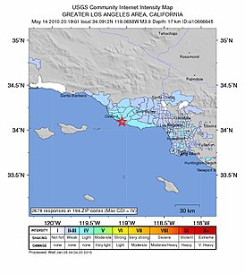 Эпицентр землетрясения к югу от Камарильо 15 мая 2010 года (Снимок USGS)