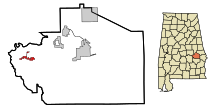 Áreas de Macon County, Alabama Incorporated e Unincorporated Shorter Highlighted.svg