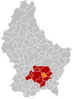 Комуна Сандвайлер (помаранчевий), кантон Люксембург (темно-червоний) та округ Люксембург (темно-сірий) на карті Люксембургу