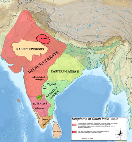 A political map of India in 1320 CE. Note that most of the present-day state of Kerala had been under the sovereignty of the Zamorin of Calicut.