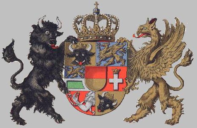Coat of arms of Mecklenburg split into six quarters and one inescutcheon shield in the middle.