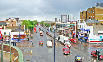 Mile End Road, over the Mile End Tube station
