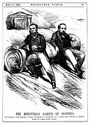 'The Ministerial Labour of Sisyphus' by Montague Scott, depicting the politicians James McCulloch and Richard Heales and their thwarted efforts to amend the Land Act; from Melbourne Punch, 17 March 1863.