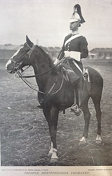 A mounted trooper of the Hertfordshire Yeomanry in 1896. Mounted soldier, Hertfordshire Yeomanry, 1896.jpg