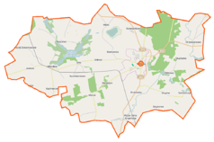 Mapa konturowa gminy Mrocza, blisko centrum na prawo znajduje się punkt z opisem „Kościół św. Mikołaja i Wniebowzięcia Najświętszej Maryi Panny w Mroczy”