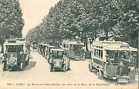 Bus à plate forme de la ligne E, avant la Première Guerre mondiale, boulevard Saint-Michel.