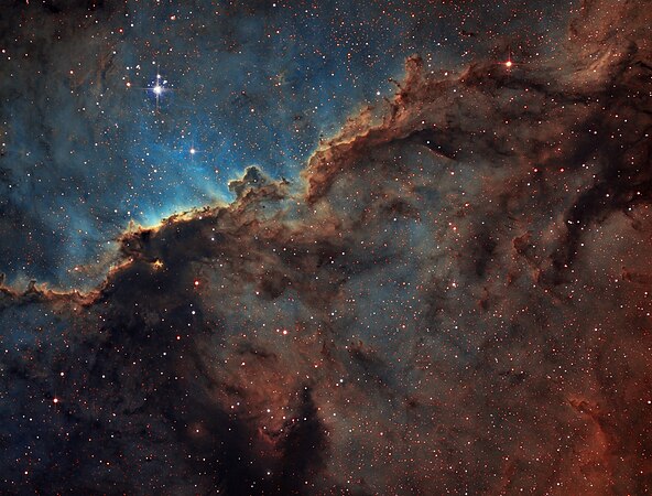 Astrophotography of the NGC6188 nebula in narrowband technique and Hubble palette (SHO). Photo by Cappellettiariel