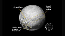 First signs of features on Pluto (annotated; 10 July 2015).