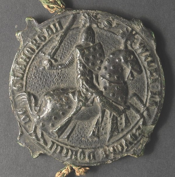 1329 seal of William la Zouche, 1st Baron Zouche of Mortimer (d. 1337), jure uxoris Lord of Glamorgan, husband of Eleanor de Clare (1292–1337), daught