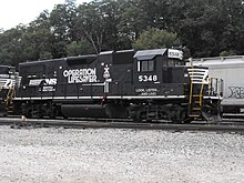 The box extending sideways from the roof directly over the word "operation" allows air to freely flow through the resistors of the dynamic brakes on this diesel-electric locomotive. NSLocoNo.5348.jpg