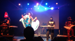 Ninja Sex Party performing with TWRP in Nashville in 2017. From left to right: Doctor Sung, Avidan, Wecht, and Lord Phobos, with Havve Hogan on drums in the background. NSP Rock Hard 2017 Tour 1.png
