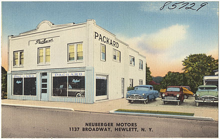 Packard dealer at 1137 Broadway, Hewlett, New York, ca. 1950–1955