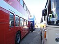 Buses at Newport Quay, Newport, Isle of Wight for the Isle of Wight Bus Museum's October 2010 running day. At this point, a large number of buses running shuttle services had entered the Quay next to the museum. At the same time there were a number of buses filling up with passengers to take back into Newport town centre, causing chaos.