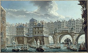 Nicolas Jean-Baptiste Raguenet: La joute des mariniers, entre le pont Notre-Dame et le pont au Change, 1756