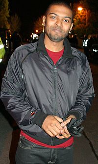 Clarke dressed as Mickey Smith on the Doctor Who set, March 2008. Noel Clarke2.jpg