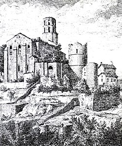 Ehemalige Kirche und Überreste des Château de Nontron um 1822