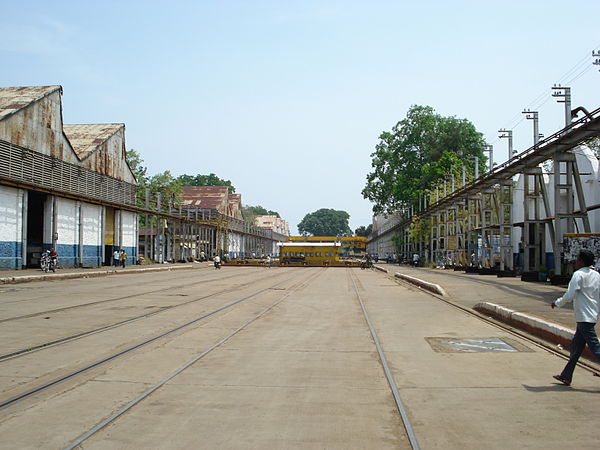 A traverser inside Golden Rock Railway Workshop in India.