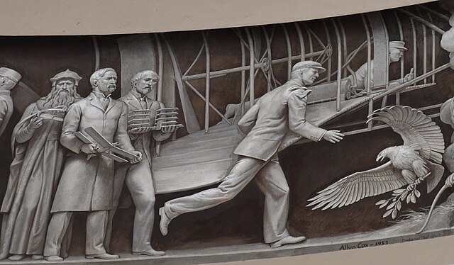 Displayed in the U.S. Capitol Rotunda, the Frieze of American History detail The Birth of Aviation depicts Leonardo da Vinci, Samuel Langley, Octave C