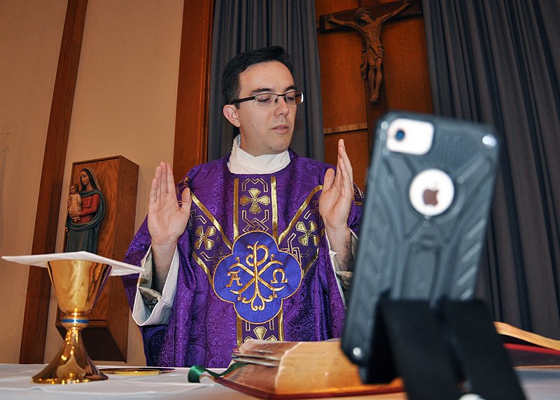 File:Offutt Air Force Base chaplain performs virtual mass during COVID-19 pandemic.jpg